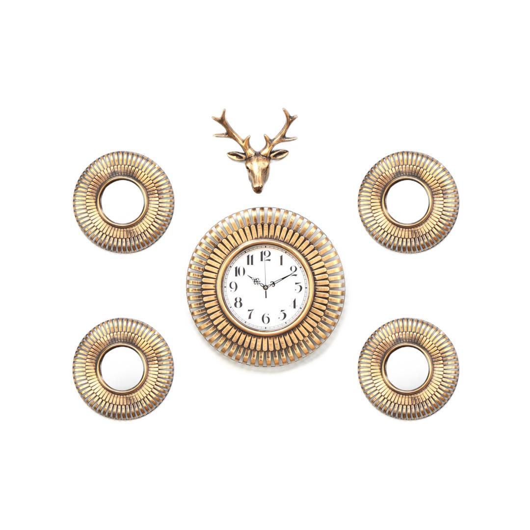 Combo Stag Wall Clock Set Of 6- Gold