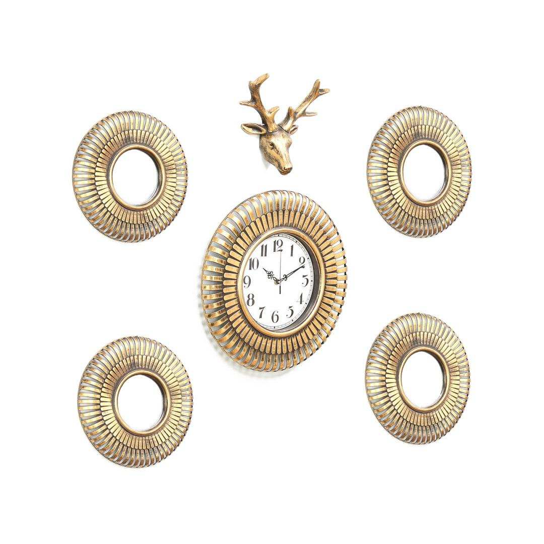 Combo Stag Wall Clock Set Of 6- Gold