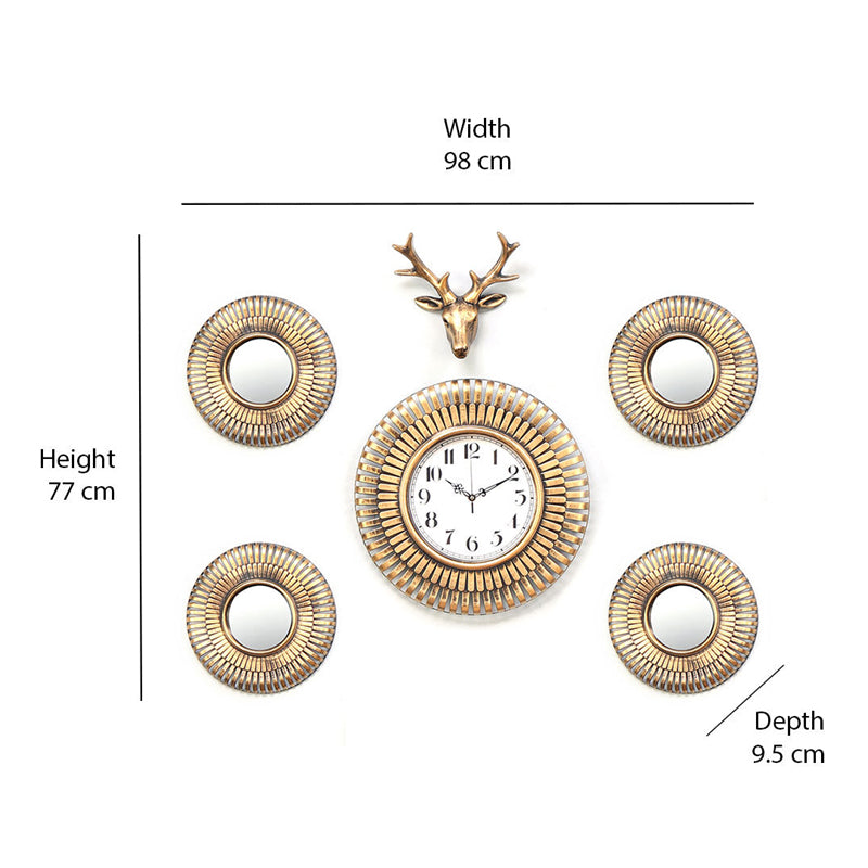 Combo Stag Wall Clock Set Of 6- Gold