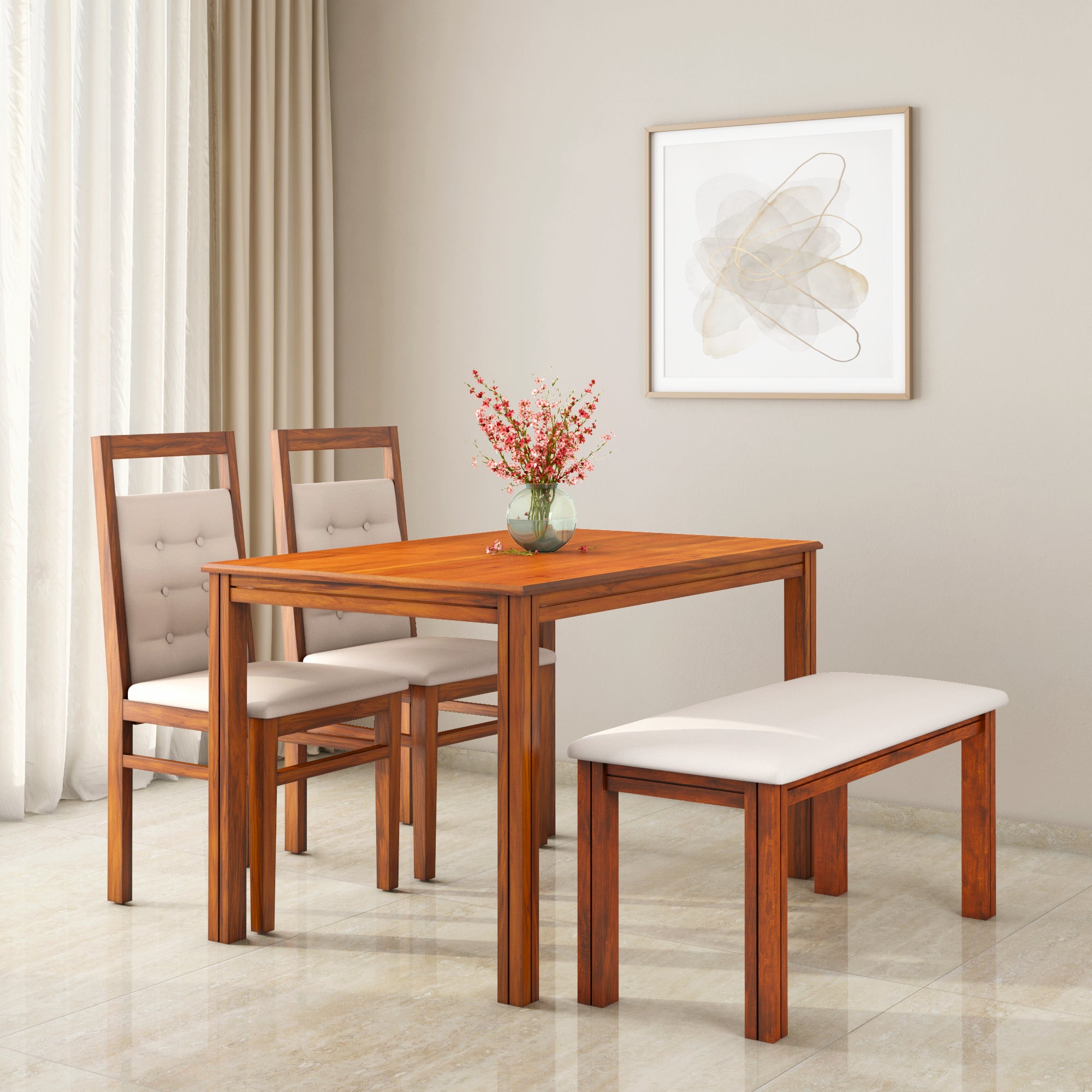 Buy Vera 4 Seater Solid Wood Dining Set With Bench in Honey Brown