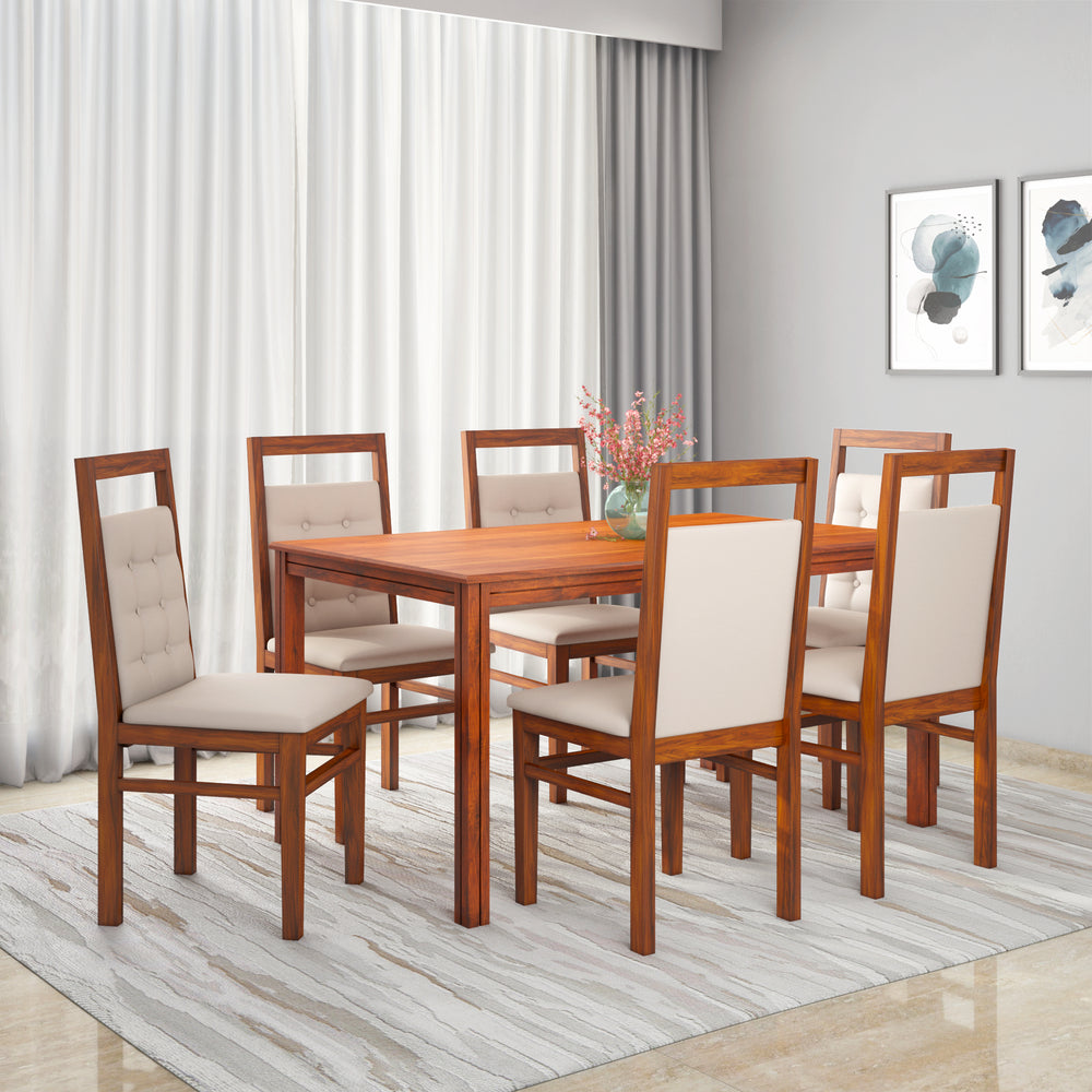 Vera 6 Seater Solid Wood Dining Set With Chairs in Honey Brown Finish