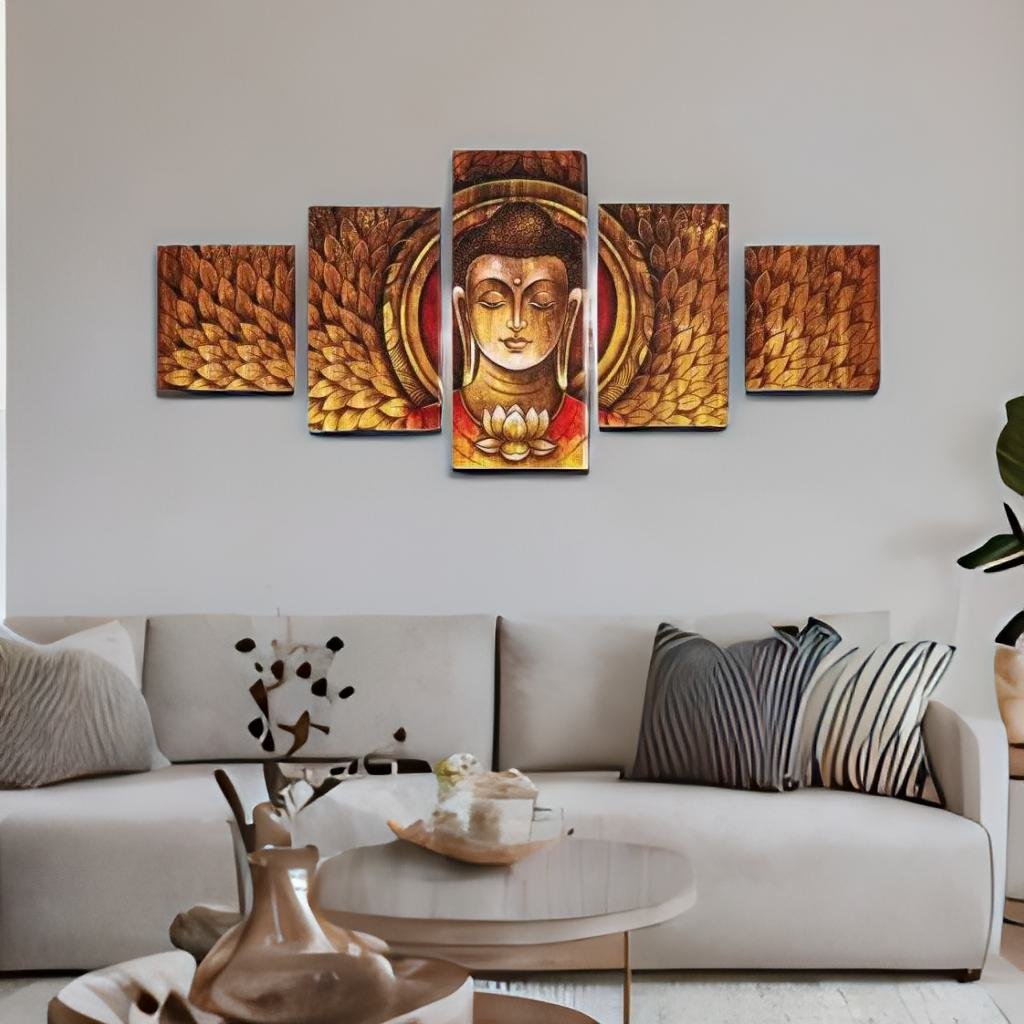 Buddha Mukh Round Painting With 5 Panel- Brown